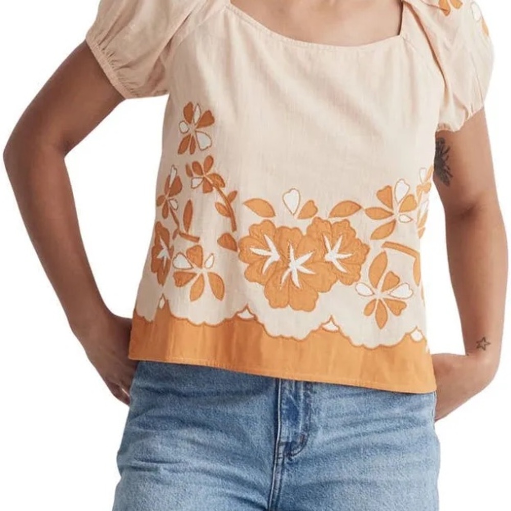 Madewell Floral Embroidered Blouse - Cream and Orange